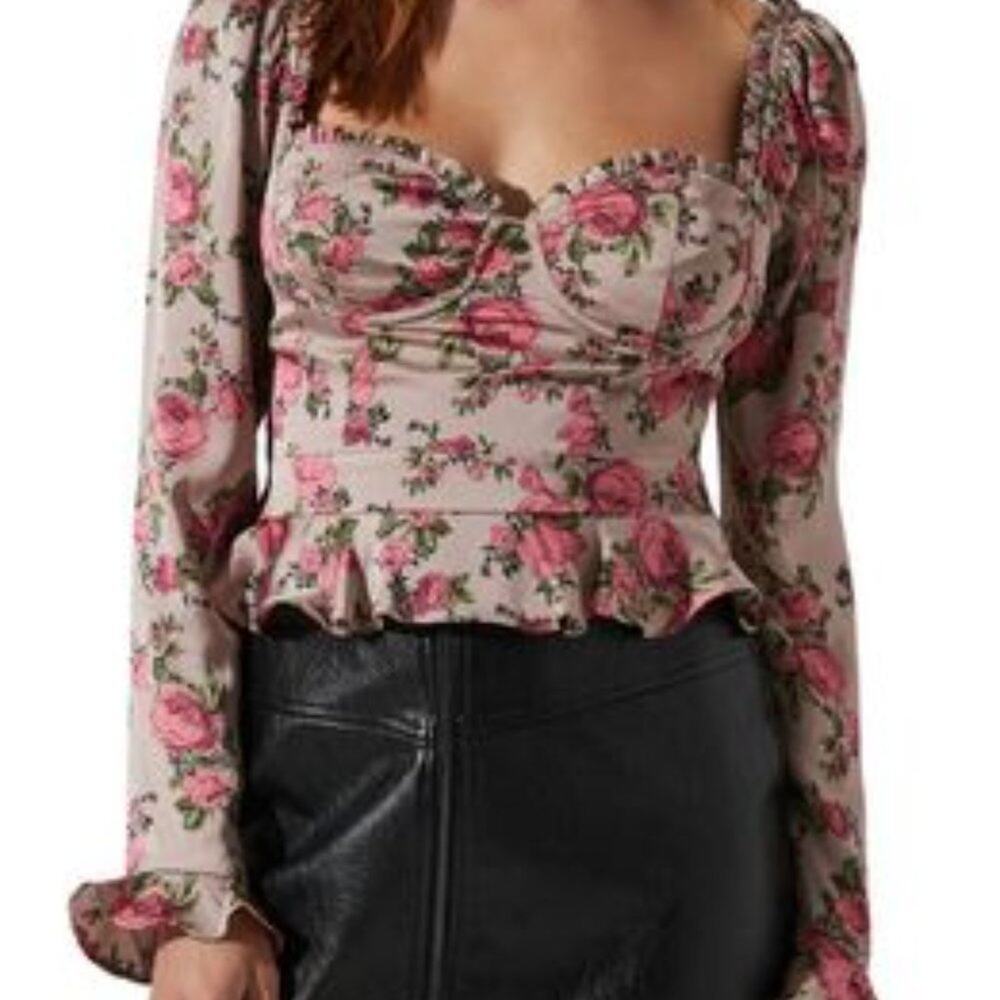 ASTR New X-Large Long Sleeve Sweetheart Cinch Bust Taupe Pink Floral Top